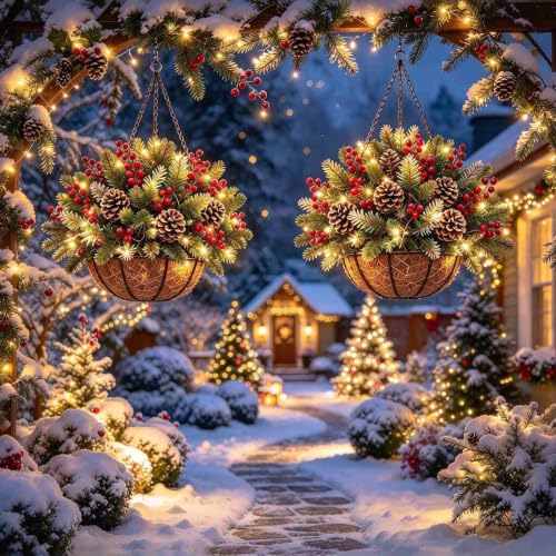 2 Set Christmas Outdoor Decor Cedar Artificial Hanging Baskets with Lights - image 1