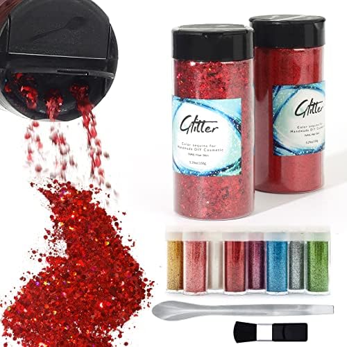 Craft Glitter, 380g Nail Glitter Powder 10 Jars Glitter with Tools,AARDWO Vibrant Multi-Purpose Glitter for Body,Eyeshadow,Cosmetic,Nail Arts,Crafts,Decoration,DIY(Star&Moon Shape, Red)