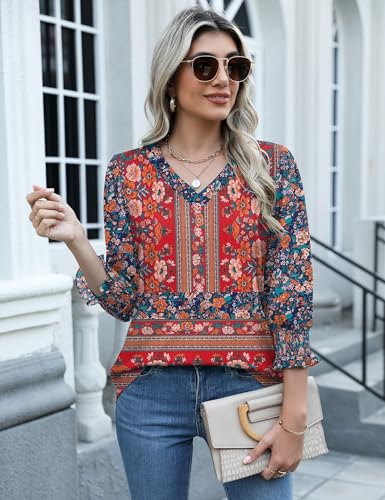 Rapbin 3/4 Length Sleeve Womens Tops Summer Trendy Puff-Sleeve V-Neck Blouses Dressy Casual Textured Smocked T-Shirt4