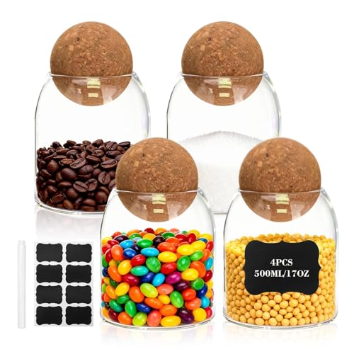 MOAMUN 4 Piezas De Tarros De Cristal con Tapa De Corcho, Frascos De Vidrio Con Tapa Herméticos De 500 Ml Con Etiquetas y Bolígrafo, Botes Cristal Transparentes para Especias Café Azúcar Té Hierbas