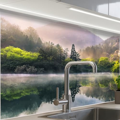 Protege mur cuisine adhesif KitchenYeah plaque pvc peel and stick motif lac et foret