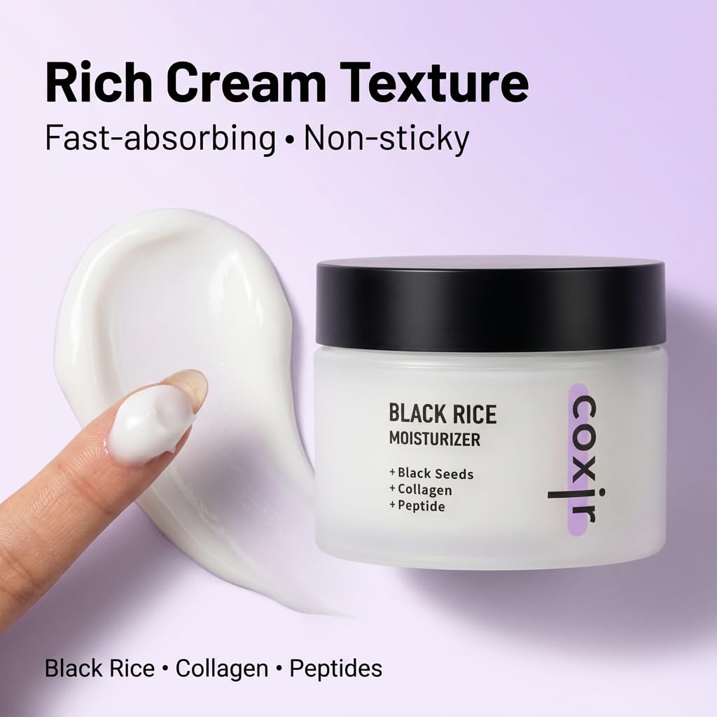 coxir Black Rice Moisturizer Face Cream, Hydrating Korean Moisturizer with Niacinamide, Collagen & Peptide Complex, Radiance, Barrier Support, Lightweight Non-Greasy(1.69 fl oz) - Image 6