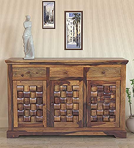 Image of SHIKHA WOOD CRAFT Solid Sheesham Wood Sideboard Cabinet With 3 Drawer and 3 Door Storage | Wooden Multipurpose Cabinet Storage Furniture for Living Room, Office, Home, Kitchen (Provincial Teak Finish)