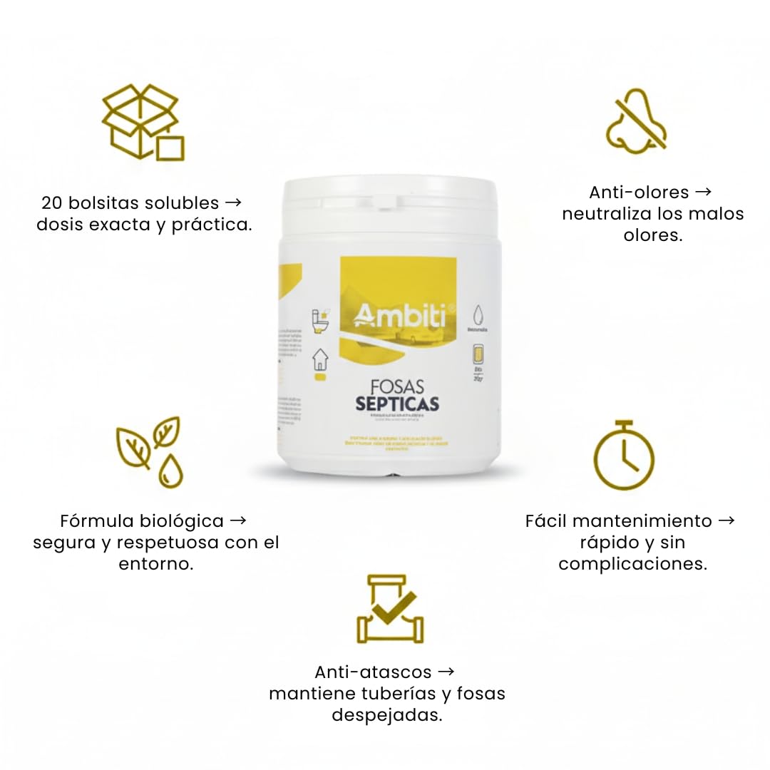 Ambiti Fosas Sépticas | Activador Enzimático Biológico en Monodosis | 20 Bolsitas Solubles de 20 g | Limpieza y Mantenimiento de Fosas y Desagües | Elimina Malos Olores y Evita Atascos
