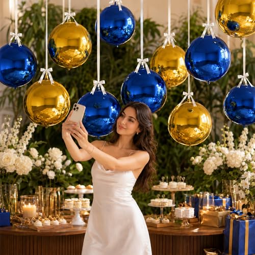 Image of 9 Pcs Blue Gold Round Foil Balloons Dark Navy Blue Metallic Gold Chrome 4D Ball Balloons 22 In Orbz Mylar Balloon for Graduation Grad Birthday Wedding Anniversary Disco Party Decorations