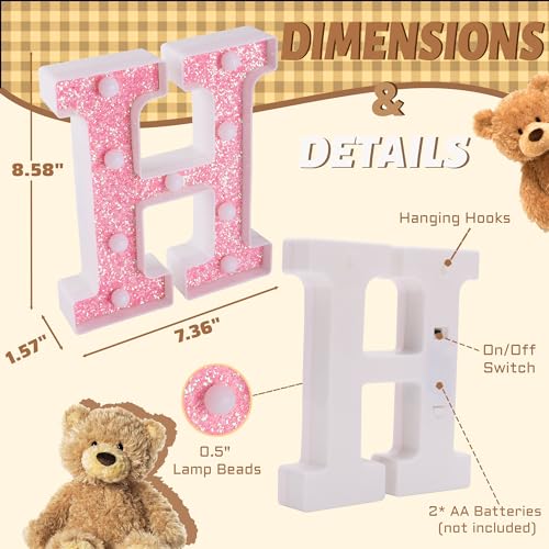 Image of LED Letter Lights Pink Glitter Marquee Letters Light Up Alphabet Letters Sign Battery Powered for Home Party Decoration Night Bar Wedding Birthday Christmas Lamp Girls Gift - Letter H
