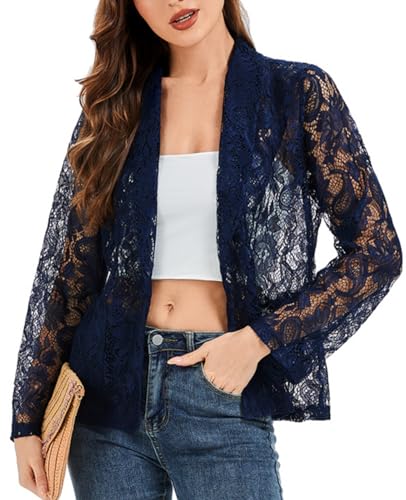Women's Lace Blazer Open Front 3/4 Sleeve Button Down Sheer Mesh Lace Blazers Elegant Casual Blazer Jacket