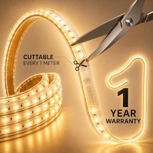 Image of Gesto 5 Meter Warm White LED Rope Strip Light | 120 LEDs /Mtr IP65 Waterproof Indoor & Outdoor Lights for Balcony, Home Decor & Cove Light for False Ceiling | Cuttable Every 1M for Diwali Decoration