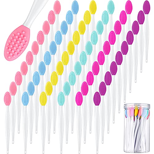 60 Pieces Double-Sided Silicone Exfoliating Lip Brush with Container, Soft Silicone Lip Scrubber Brush Lip Face Cleaning Applicator Tool for Plump Smoother Skin and Fuller Lip Appearance, 6 Colors