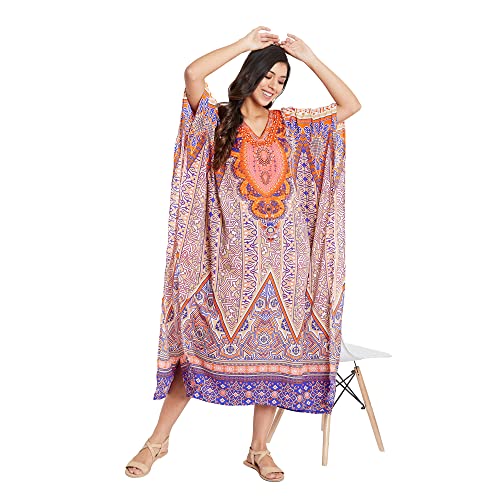 Image of Women Long Maxi Plus Size Polyester Kaftan Gown, Womens Kaftan Dresses | Lounge Resort Wear, Batwing Sleeve Side Slit, Beach Cover Up, House Dress, Lightweight V Neck Loose Fit Boho Dress