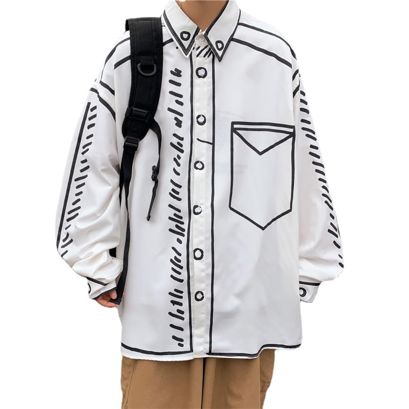 Graffiti Cartoon Outwear for Men Line Print Oversized Vintage Preppy Jackets Casual Long Sleeve Button Down Coat