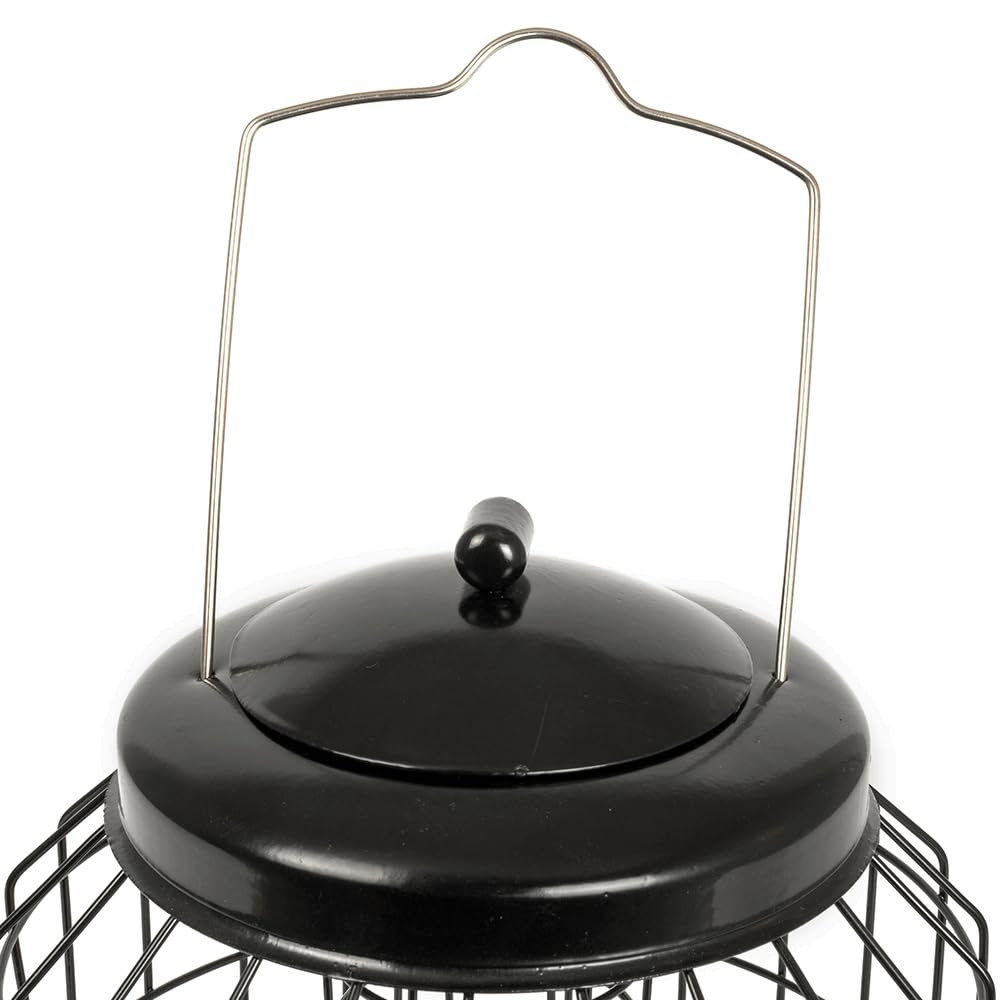 CJ Wildlife Mangeoire Oiseaux Exterieur à Suspendre – Mangeoire Silo pour Oiseaux – Distributeur Graines Oiseaux 2 en 1 avec Cage de Protection en Plastique et Métal Noir Resistance Écureuils