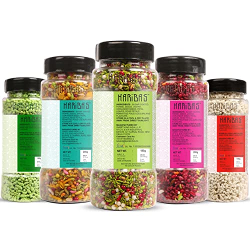 Image of HARIBAS Mukhwas Mouth Freshener PACK OF 5 with sauf mouth freshener, Green Saunf 180G, Punjabi 200GM, Khas Chandan 180G, Gulab 200 Gram and Madrasi white saunf 150G Bottle