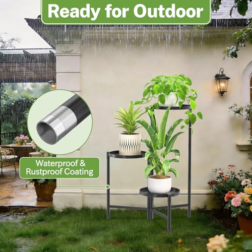 Image of iDavosic.ly 3 Tier Large Plant Stand Indoor with 10 Inch Wide Tray, Tiered Corner Metal Outdoor Flower Display Holder Shelf, Folding Tall Rack for Patio Porch Living Room, Modern Black