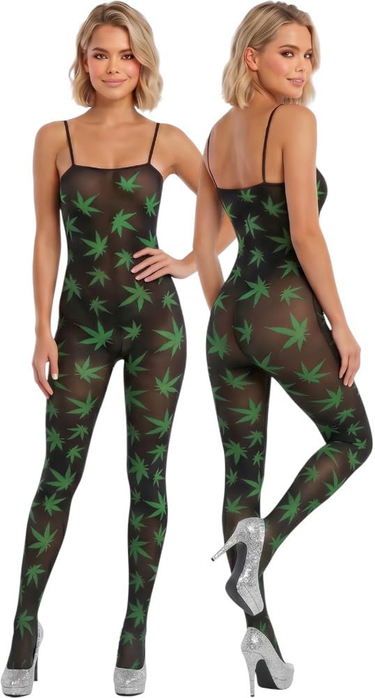 ToBeInStyle Women’s Thigh High Stockings Bodystocking Tights Medicinal Cannabis Marijuana Weed Leaf Print Festival Hosiery
