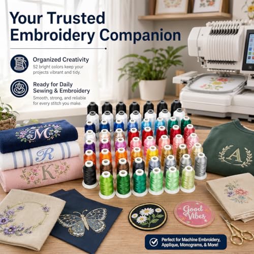 Image of Simthread 52pcs Polyester Embroidery Thread Kit 40 Colors Black White | 52-piece kit includes 40 colors plus black and white spools for smooth polyester embroidery and sewing machine projects.