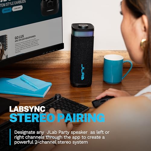 Image of JLab JBuds Party Portable Bluetooth Speaker, 2 Full-Range Drivers + 2 Passive Woofers, IP56 Waterproof, 12 Hours Playtime, Connect Multiple Speakers, Custom Sound + RGB Lighting via App, Black