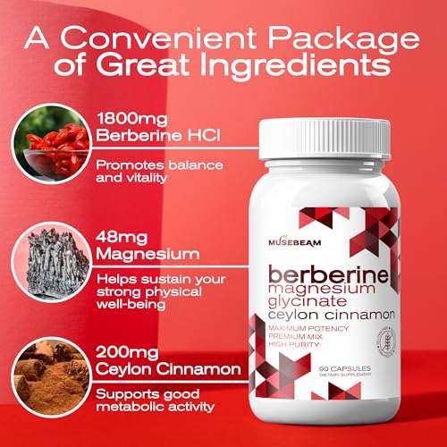 MuseBeam Berberine HCL Magnesium Glycinate Supplement - 1800mg High Purity Capsules with Ceylon Cinnamon - Vegan Friendly Non-GMO Gluten-Free Sugar Free Pill for Men Women - Thumbnail 4