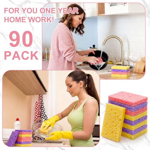 Image of Zhengmy 90 Pieces Sponges Bulk Sponges Kitchen Compressed Sponge Natural Dish Sponge Compressed Wood Pulp Cleaning Without Scratching for Kitchen Bathroom, 3.9 x 2.4 x 0.12 Inch (Dark Color)