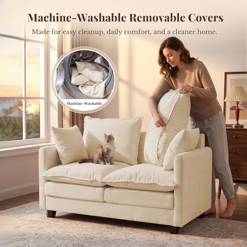 Image of Loveseat Sofa with Cloud 3-Layer Cushion & 27 inch Deep Seat, Modern Small Couch with 2 Washable Pillows for Small Spaces, Bedroom, Apartment, Office, Living Room, in a Box, 50-Inch Beige