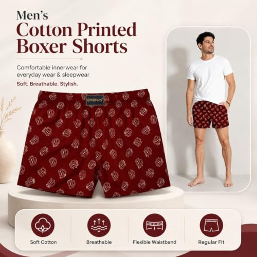 Image of Men's Ultralight Cotton Printed Boxer Shorts | Regular Fit | Soft Cotton Fabric with Microfibre Waistband for All-Day Comfort (Maroon-Dark Blue-L)