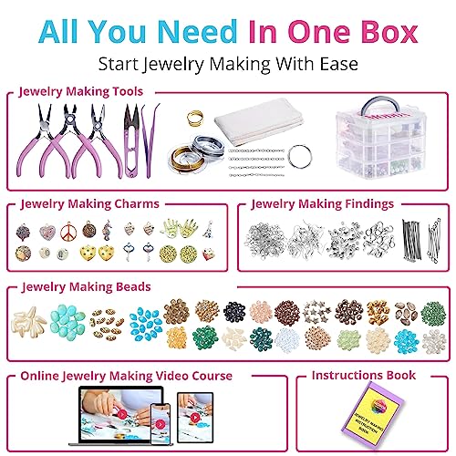 Modda Deluxe Jewellery Making Kit - Crafts for Adults, Teens, Girls, Beginners, Women - Includes Instructions, Beads, Charms, Findings, Pliers, Beading Wire, Storage for Necklace, Bracelet, Earrings