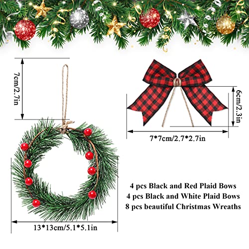 Whaline 8Pcs Mini Christmas Wreath With 8Pcs Mini Plaid Bows Christmas Pine Wreaths Black White Red Bow Christmas Hanging Ornaments For Christmas Tree Window Wall Door Holiday Festival Decoration #TOP1