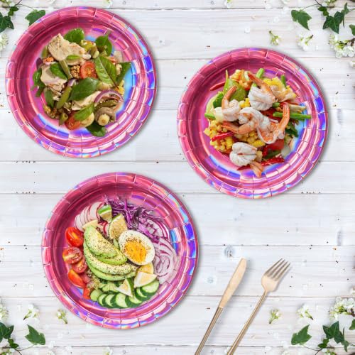 Image of Iridescent Hot Pink Paper Plates, 9 Inch Dinner Party Plates, 50 Count Bulk | Colored and Sturdy Durable Party Plates, For Mermaid Disco Kpop Birthday, Bridal Showers, Bbq, Pool Parties, Food-Safe