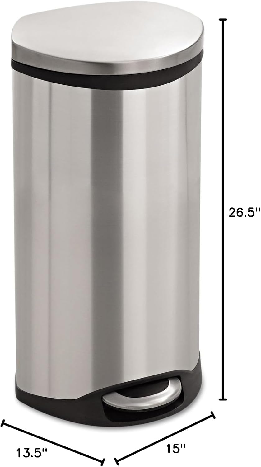 Safco Ellipse Step On Plastic Trash Can with Foot Pedal, 7.5 Gallon Garbage Can for Kitchen, Bedroom, Office, Hands Free, Stainless Steel
