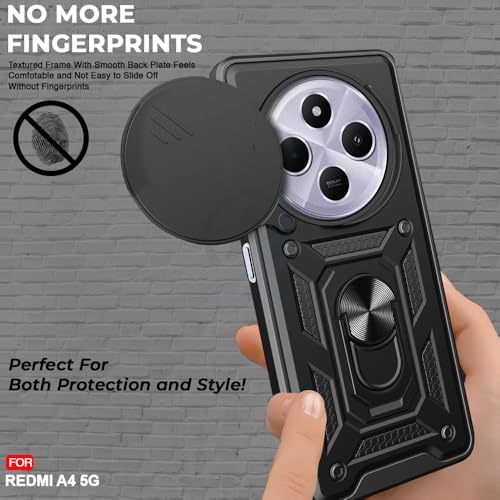 Image of AESTMO Tough Armor Redmi A4 / Poco C75 5G Bumper Back Case Cover | Ring Holder & Sliding Camera Shield Cover | 360 Degree Protection Back Case Cover (Black)