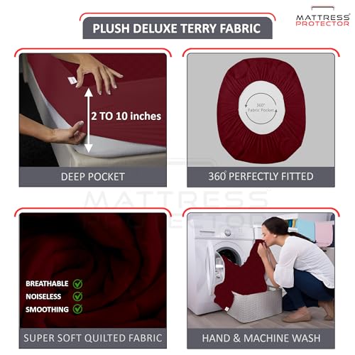 Image of Mattress Protector King Size | Hotel-Like Quality Luxury Waterproof Cotton Quilted Bed Protector | Soft Plush Feel Breathable Hypoallergenic Noiseless Elastic Fitted Bed Cover | 6x6 Ft-72x72in, Maroon