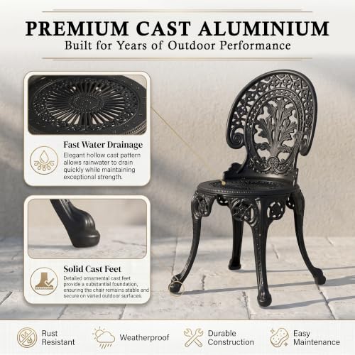 Image of BRISHI Cast Aluminium Garden Patio Seating Chair and Table Set for Balcony Outdoor Furniture with 1 Table and 4 Chair Set (Black)