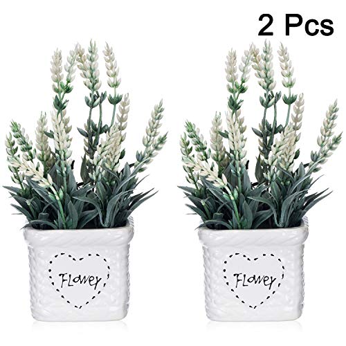 YAPA Lavender Flowers Artificial Plants with White Vase - Potted White Fake Flower