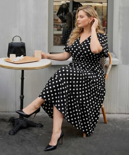 Image of CARCOS Plus Size Dresses for Curvy Women V Neck Summer Maxi Dress Short Sleeve Floral Boho Dress Smocked Waist Beach Dress