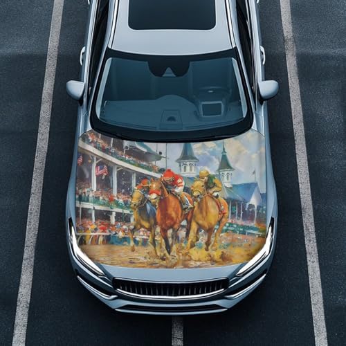 Image of Car Hood Cover, Protector Auto Hood Wraps Waterproof Stretchable Horse Racing Prints Auto Exterior Accessories for Compact Sedan SUV Truck Van (59x39 Inch)