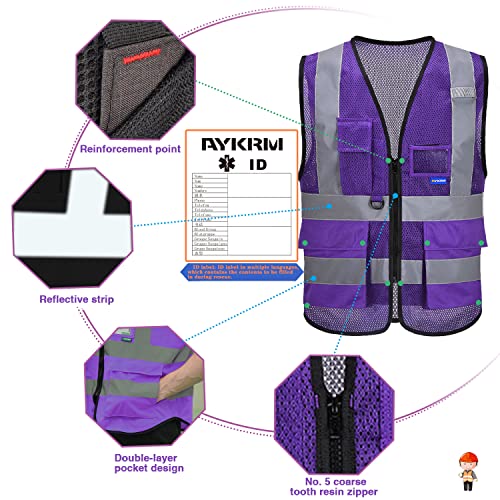 Image of High Visibility Mesh Vest with Clear ID Pocket, Zipper, Purple, L | Purple L mesh safety vest with reflective strips, mic tabs and 7 pockets for refinery technicians and laboratory safety.