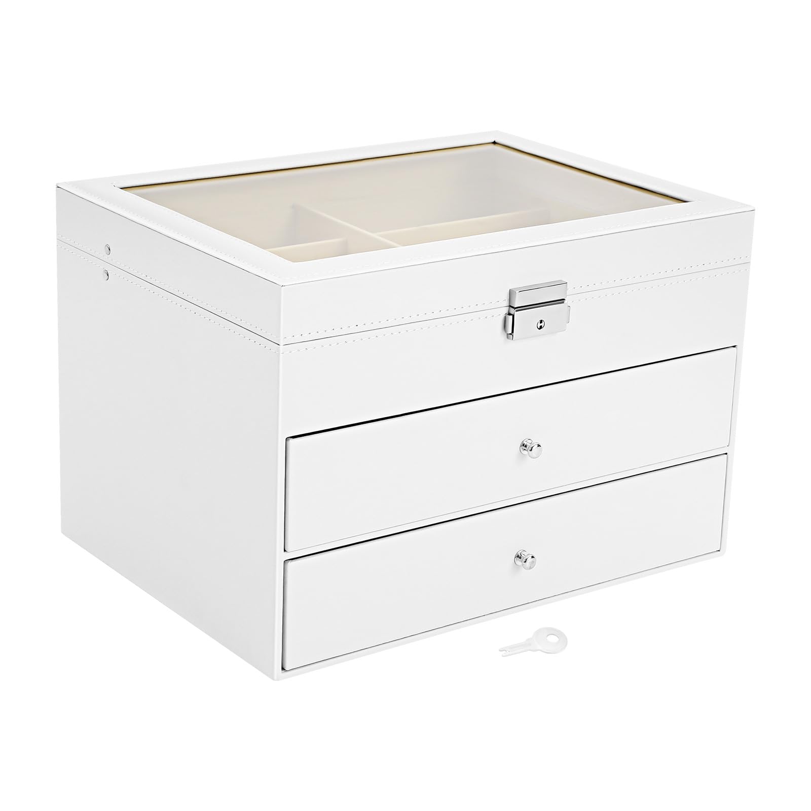Caja de gafas de 3 niveles con 24 cajones y tapa de cristal, almacenamiento seguro con cerradura y llave, soporte para múltiples gafas, joyas, relojes (blanco)