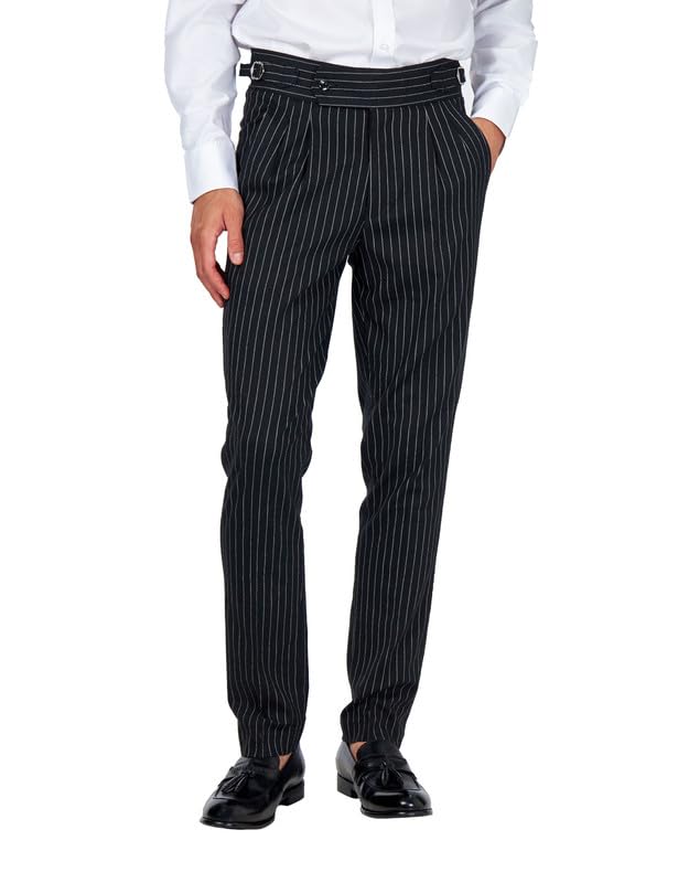 – Xposed Lloyd Men's Pinstripe Linen Trousers - Tapered Fit, Pure Linen, Double Pleated Summer Suit Trousers Retro Waist Buckle