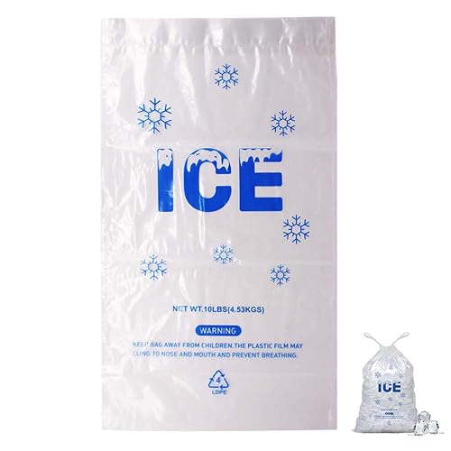 Paquete de 100 bolsas de hielo resistentes de 10 libras, 12 x 21 pulgadas con cordón de plástico (2 mil de grosor)