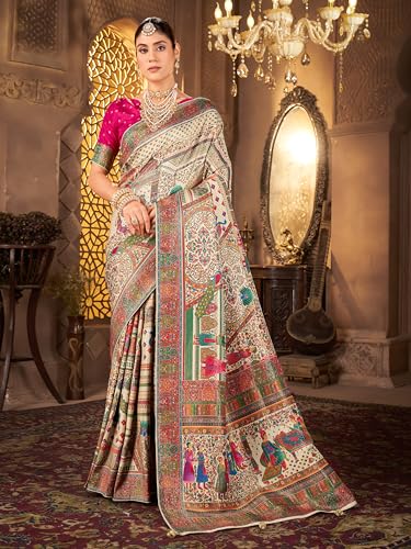 Image of Glory Sarees Women's Luxurious Dola Pure Silk Original Saree Position Print Work Madhubani Inspired Motifs Banarasi Kanjivaram Style Saree With Blouse Piece (Elegant101 Parent)