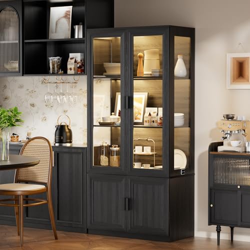 BROTTAR Mehrzweckschrank mit LED Beleuchtung, Vitrinenschrank Schwarz mit Intelligente Sensorik, Küchenschränke, Bücherregal, Hochschränk für Küchen Wohnzimmer Schlafzimmer Büro Sammlervitrine
