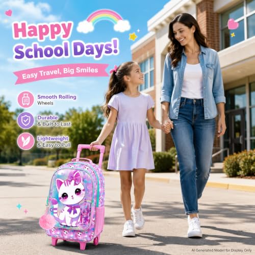 Image of CCJPX 3PCS Rolling Backpack for Girls,Kids Cat Backpacks with Roller Wheels, Wheeled Bookbag with Lunch Box for Toddler Elementary School