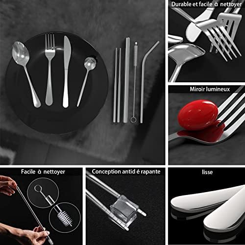 DAONG Portable Cutlery Set, Camping Cutlery Set, Travel Cutlery Set, Stainless Steel Table Cutlery Set, with Organiser for Home, Kitchen, School, Workplace, Lunch Box (Silver 9 Pieces)