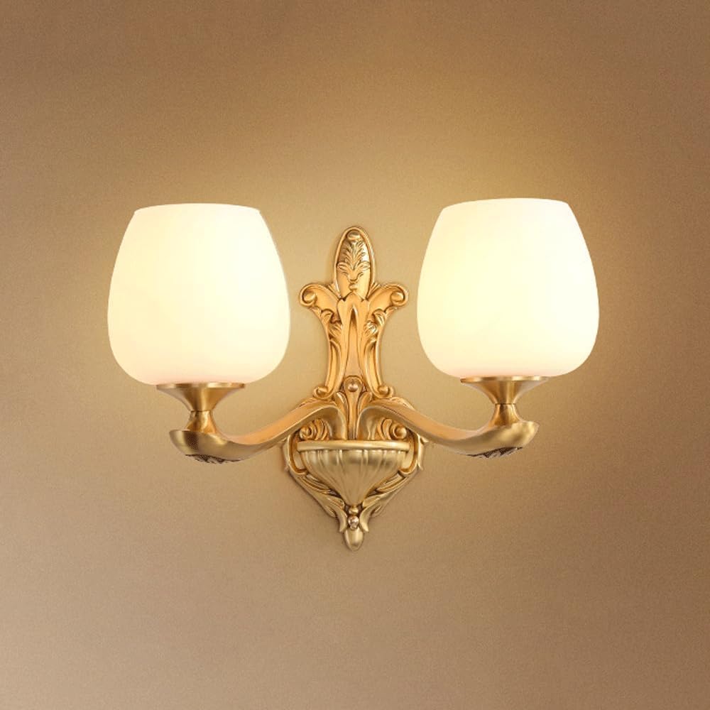 HXYSXHJUO Vintage Brass Double Wall Sconce with White Milk Glass Shade - Antique Gold Bathroom Light Fixture for Farmhouse Bedroom Living Room Hallway