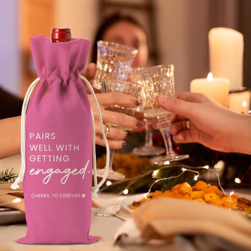 Image of Engaged Engagement Gifts for Couples Her Engagement Party Decorations | Engaged Wine Bag for Couple Women Pairs Well with Getting Engaged Wine Accessory Sets Pink