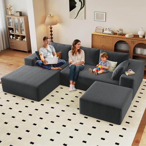 Image of 96 inch U-Shape Cloud Couch, Modern Modular Sectional L-Shape Sofa with Ottoman, Corduroy Upholstered Couches Deep Seat Chaise Longue for Living Room, No Assembly Required(Dark Gray, Left Facing)
