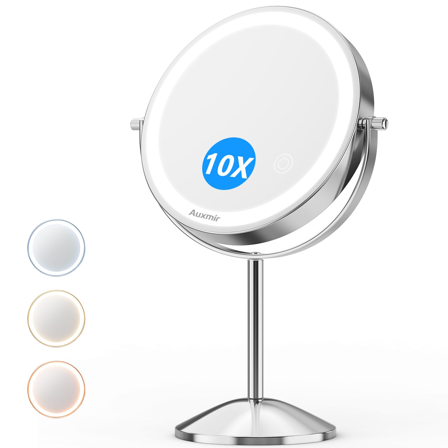 Auxmir Espejo Maquillaje con Luz LED, Aumento de 1X/10X, Espejo Maquillaje, Táctil, Color de Luz y Brillo Ajustable, Espejo Aumento, Doble Cara, Giratorio 360 para Baño, Tocador, Plata