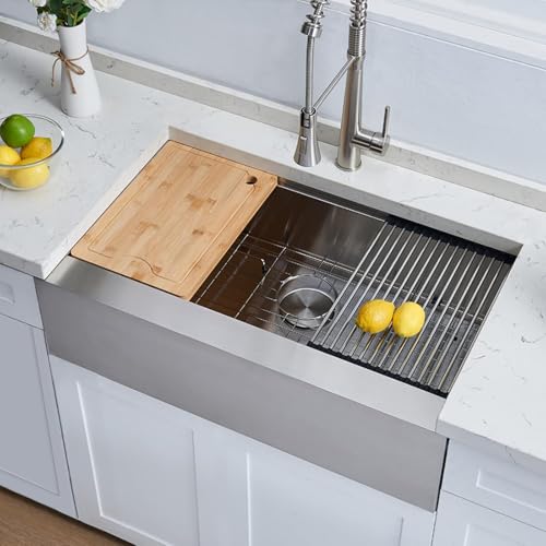 Image of SHACO 33 Inch Stainless Steel Farmhouse Sink, 33x20 Single Bowl Ledge Workstation Flat Apron Front Farm Kitchen Sink with Cutting Board, Brushed Nickel