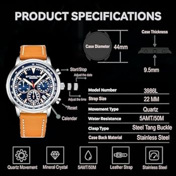 Stuhrling Original Chronograaf Horloge Heren Horloges 44mm Stalen Kast Blauwe Wijzerplaat Met Lederen Band Tachymeter 24-Uur Subdial, Blauw-Tan, Chronograaf Stuhrling Original Chronograaf Horloge Heren Horloges 44mm Stalen Kast Blauwe Wijzerplaat Met Lederen Band Tachymeter 24-Uur Subdial, Blauw-Tan, Chronograaf