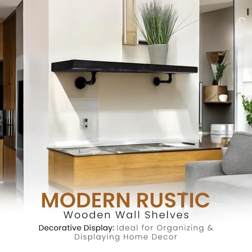 MKGT Wall Shelf with Industrial Pipe Brackets – Rustic Wood Floating Shelf, 22cm Deep (Black, 50cm) - Image 3